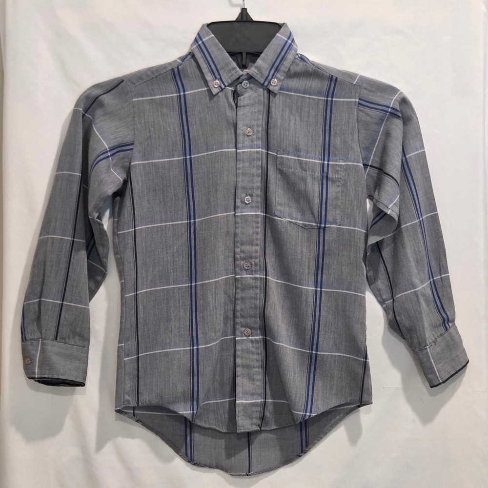 Vintage Royal Knight Boys Gray Blue Plaid Button Down Shirt Size 7 Long Sleeve